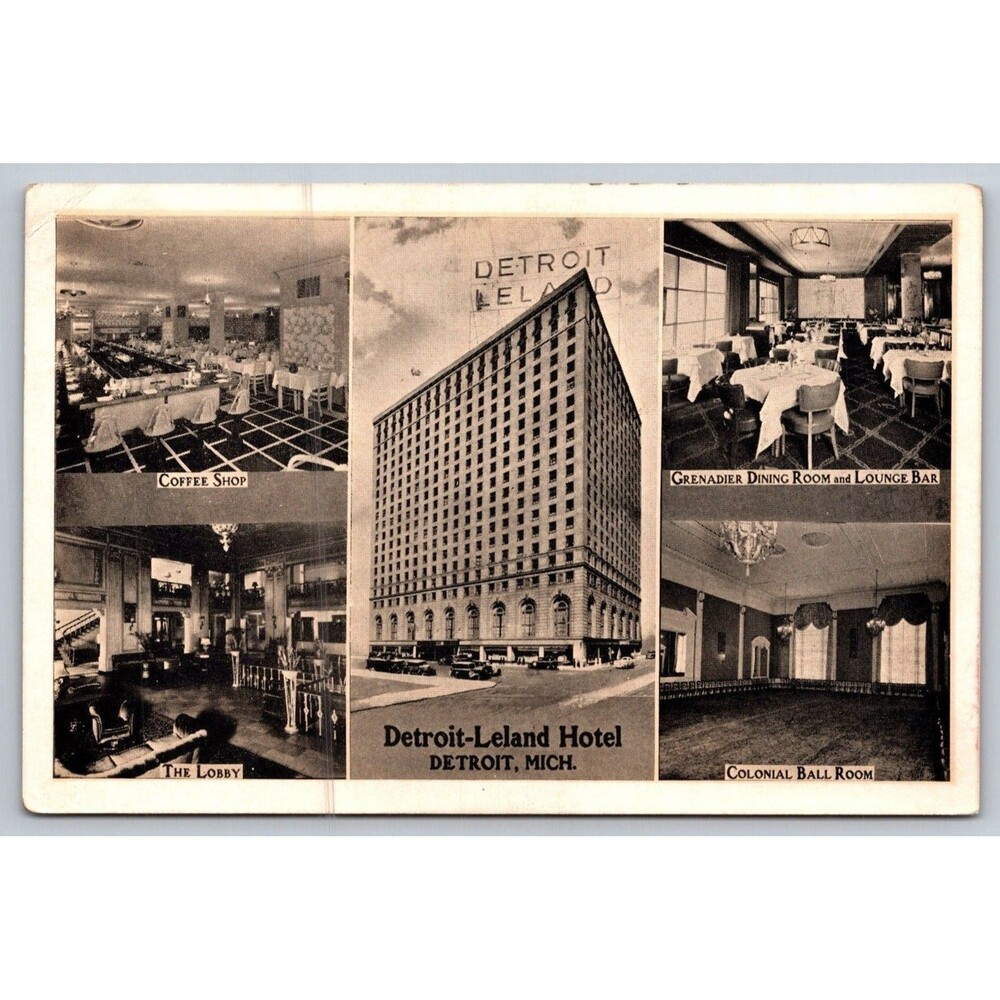 Vintage 1940 Detroit Leland Hotel Postcard Multi-View Interior Exterior Posted